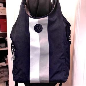 Rare Kipling Shoulder Bag Tote Authentic Navy Light Gray & Dark Gray Stripes
